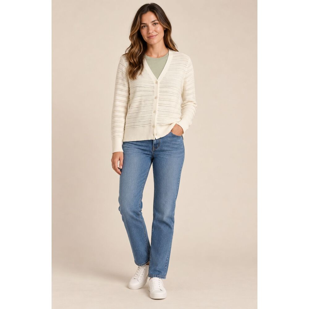 Lands’ End Supima Cotton Cardigan Women’s Large Ivory Textured Knit